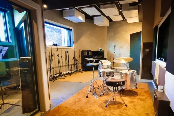 Studio A Live Room at Urchin Recording Studios, Hackney Wick showing Hayman Vibrasonic drum kit